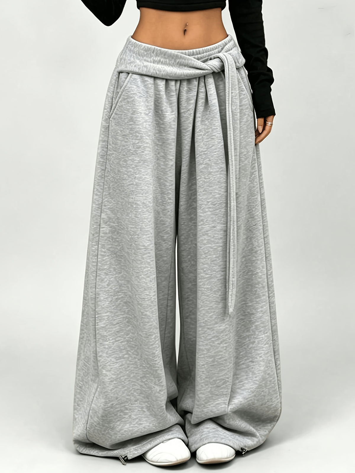 Women'S Wide-Leg Pants with Adjustable Drawstring Hem And Elastic Waist, Casual Wear for All Seasons - Grey