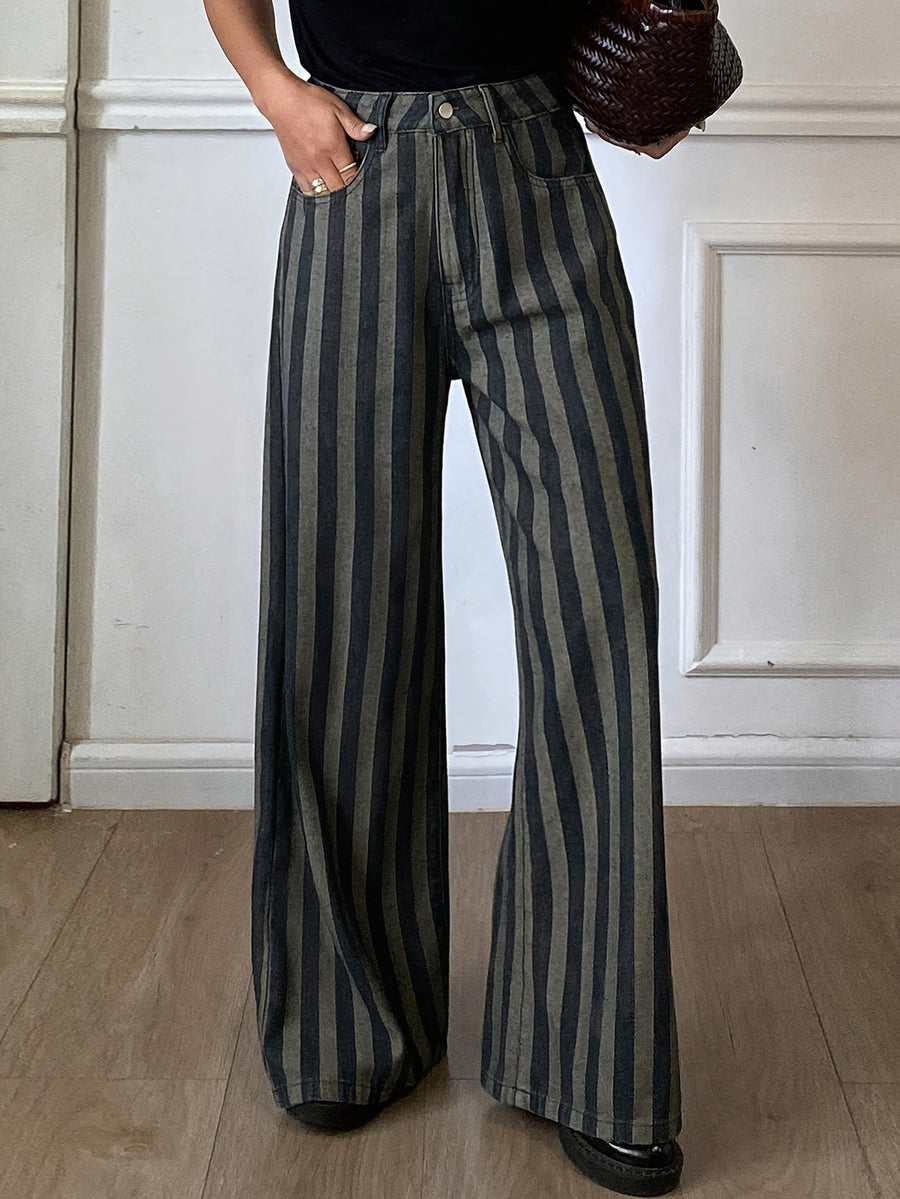 YIWEIDI Autumn Winter Dark Plaid Thin Stripe Color-Block Patchwork Loose Business Casual Office Wear Wide-Leg Straight Long Pants Women'S Jeans - Multicolor
