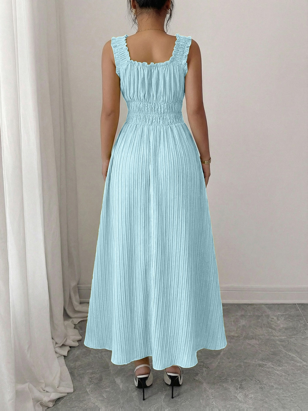 Women'S Spring Summer New Temperament Elegant Solid Texture Fabric Square Neck Tie-Belt A-Line Dress - Sky Blue