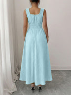 Women'S Spring Summer New Temperament Elegant Solid Texture Fabric Square Neck Tie-Belt A-Line Dress - Sky Blue