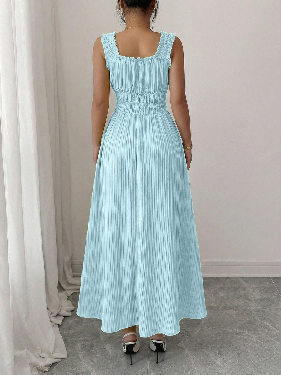 Women'S Spring Summer New Temperament Elegant Solid Texture Fabric Square Neck Tie-Belt A-Line Dress - Sky Blue