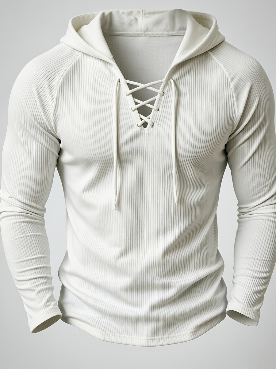 [Josh Mei OBM] Men'S Ribbed Drawstring Hoodie - Slim Fit Long Sleeve Pullover, with Adjustable Hood And Stretchy Fabric, Perfect for Casual Wear - White