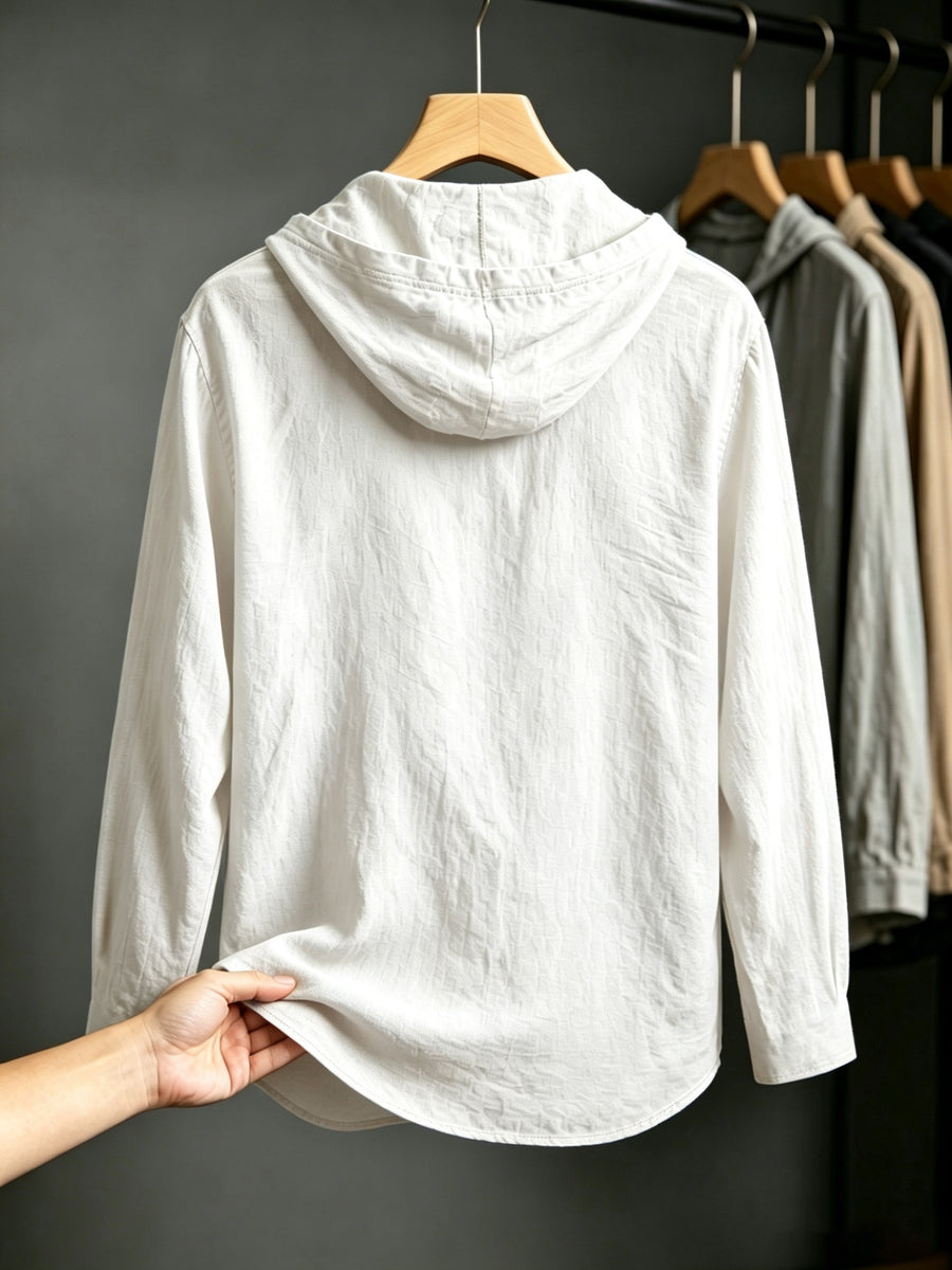 2pcs Men'S Linen-Like Hooded Henley Long Sleeve Sweatshirt Set, Breathable Thin Solid Color Half-Open Placket Casual Pullover Henley Shirt, Soft Comfortable Textured Fabric Fresh And Non-Stuffy, Loose Slimming Versatile Fit - 2pcs【White+Light Blue】