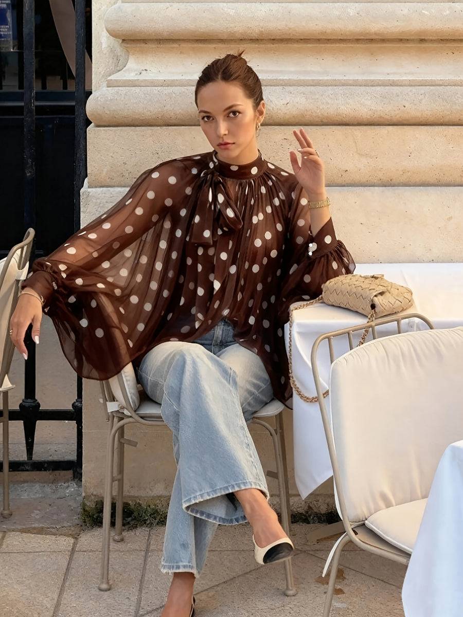 Fashionable Spring/Summer Elegant Casual Semi-Sheer Polka Dot Pattern Shirt Bow Tie Collar Lantern Sleeve Loose Fit Women'S Shirt - Dark Brown