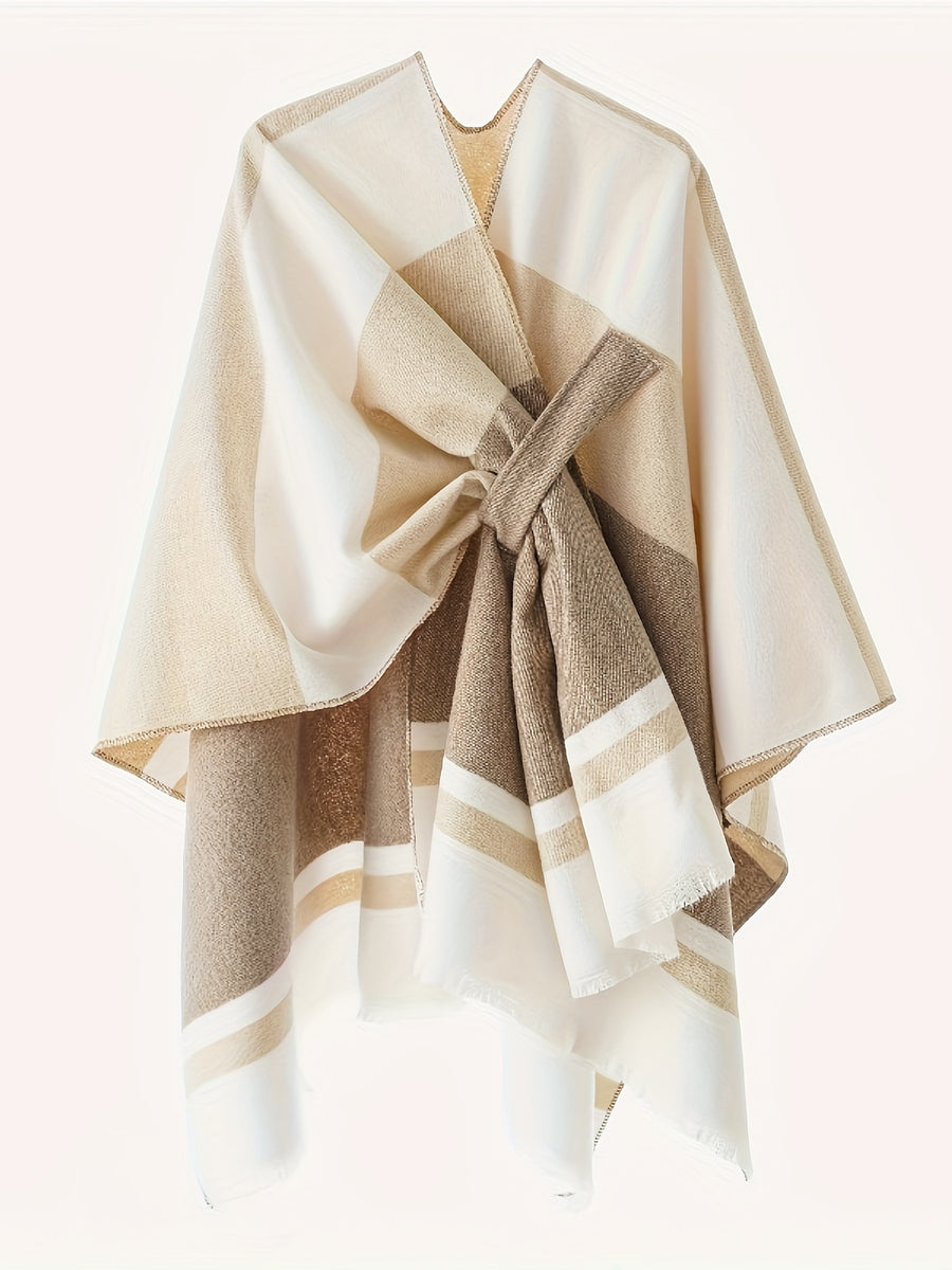 Women's Fashion Classic Striped Color Block Pattern Autumn and Winter Windproof Buttoned Travel Wrap Coat - Khaki