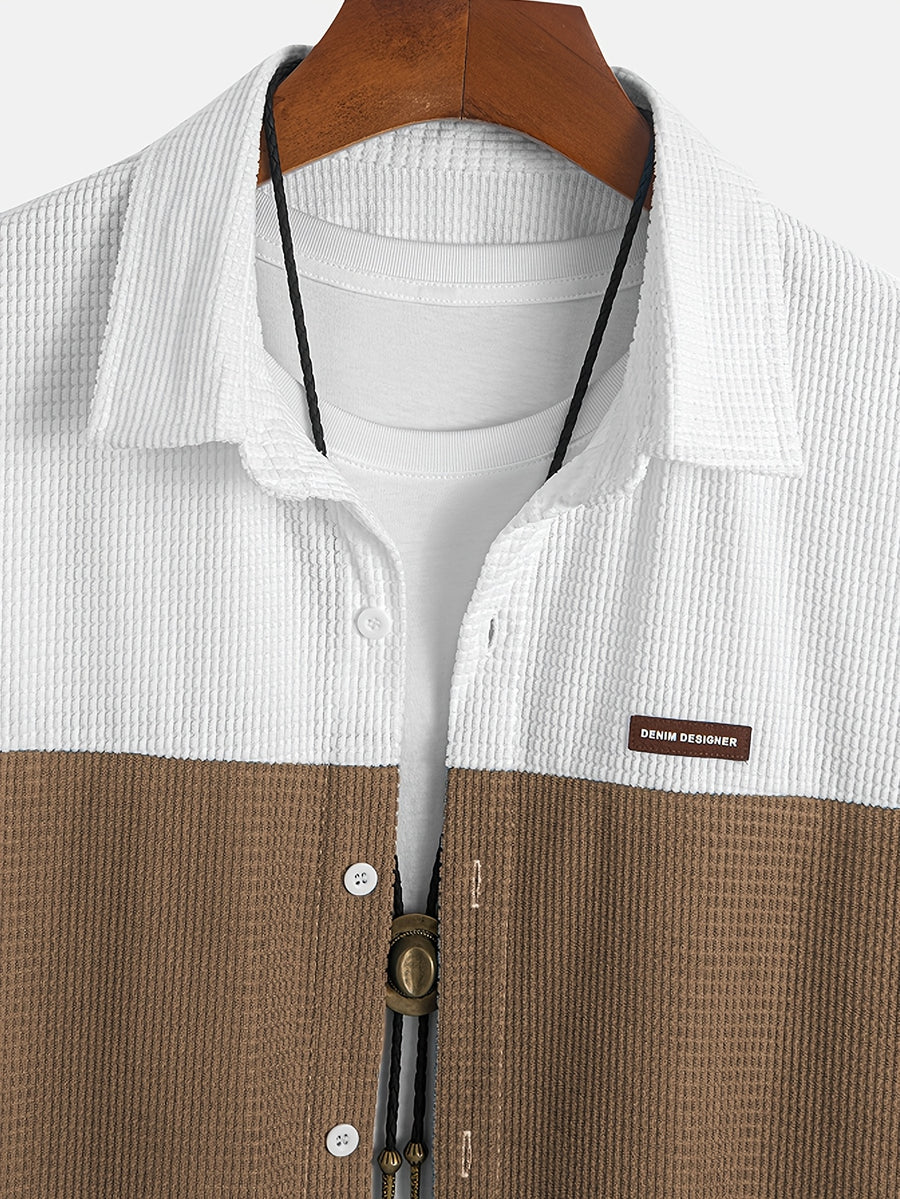 Men's Blue and White Contrast Corn Husk Grain Fabric Comfortable and Breathable Material, Lapel Collar, Full Open Front, Contrast Button Design, Suitable for Daily Casual, Fashionable, Simple Outings, Commuting, Street Style, Outings, and Summer New - Khaki