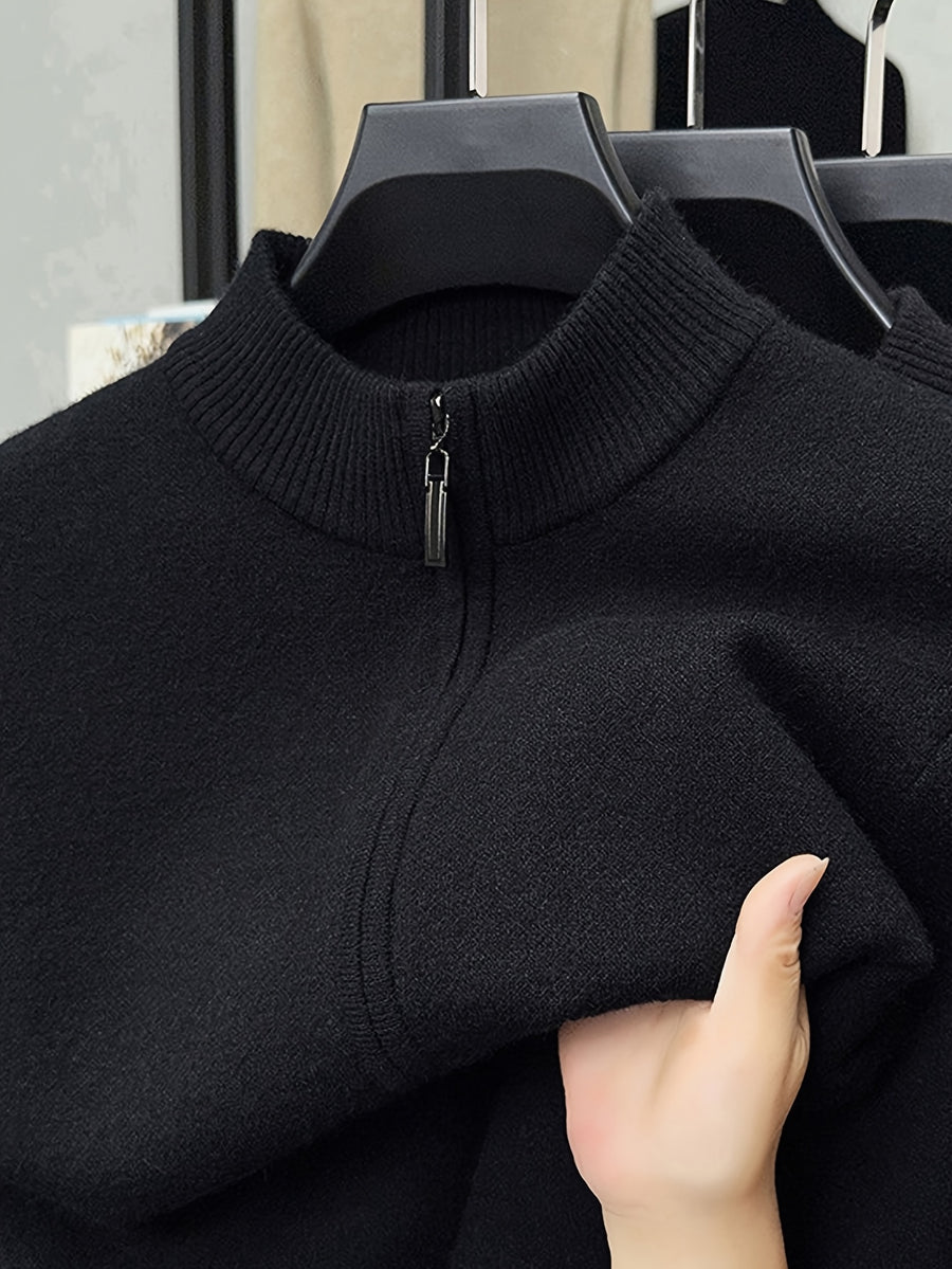 Men's Stand Collar Zipper Solid Color Knit Cardigan, Business Casual Style, Simple Solid Color, Slim Fit Not Tight, Versatile and Practical - Dark Gray