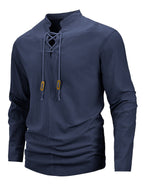 Men's Retro Linen Henley Shirt - Adjustable -Neck Collar & Drawstring Neckline, Lightweight Breathable Suitable for Beach Vacations, Resort Travel, Outdoor Leisure, Casual Pullover Top with Hem, Machine Washable Loose Fit - Navy Color