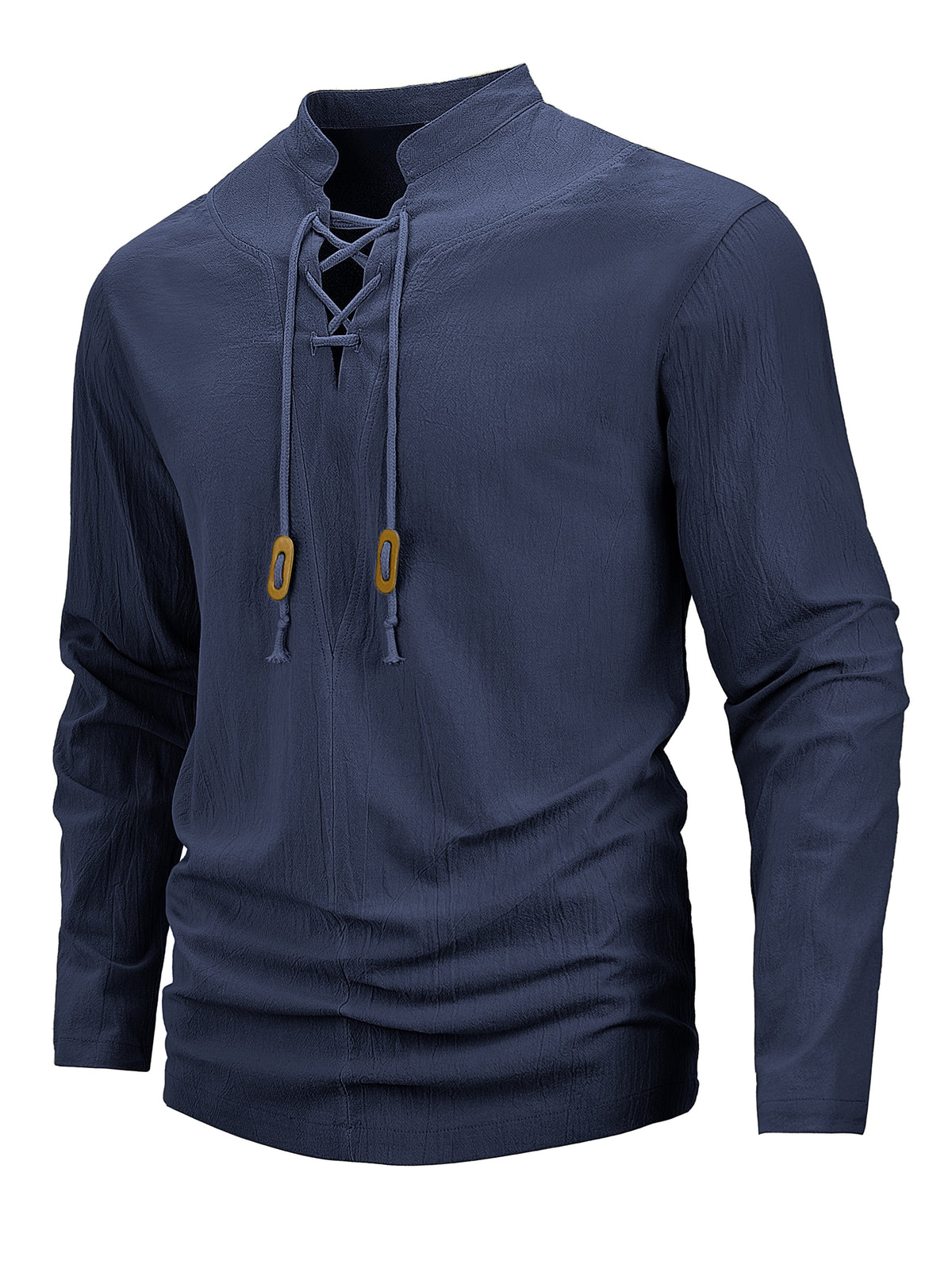 Men's Retro Linen Henley Shirt - Adjustable -Neck Collar & Drawstring Neckline, Lightweight Breathable Suitable for Beach Vacations, Resort Travel, Outdoor Leisure, Casual Pullover Top with Hem, Machine Washable Loose Fit - Navy Color
