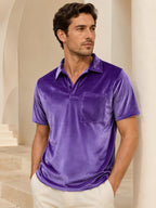 Men's Velvet Lapel Short-Sleeve Polo Shirt, American Relaxed Style, Soft, Skin-Friendly, Breathable, and Versatile, for Daily Commuting and Streetwear - Purple