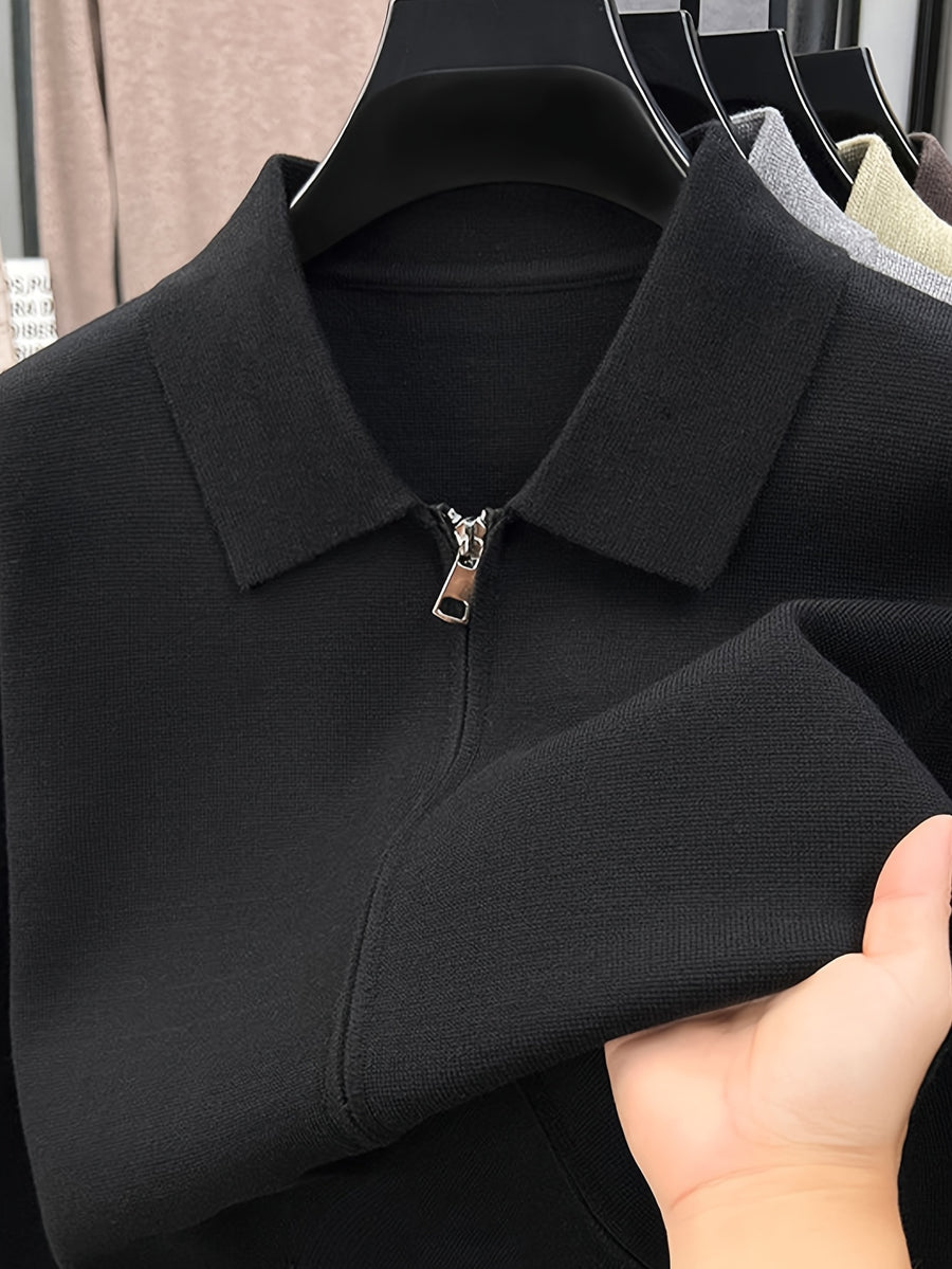 Men'S Lapel Full-Zip Long Sleeve Knit Jacket, Ribbed Cuffs And Hem, Autumn/Winter Style, Casual Commute Wear, Business Casual Style. - SINBOS - Black