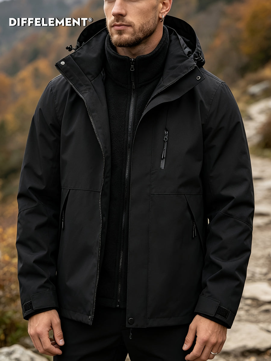 Men'S Solid Color 3-In-1 Detachable Windbreaker with Fleece Lining 2pcs Set, Wear-Resistant Woven Fabric, Zipper And Multi-Pockets, Hook-And-Loop Cuffs, Outdoor Hiking Commuting Fall Winter Windproof Warm Detachable Versatile Jacket - Black