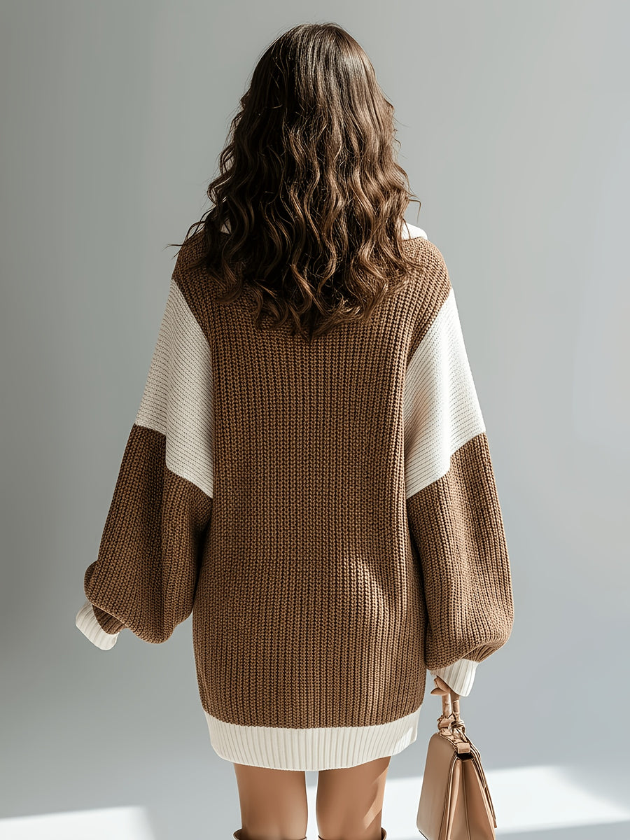 2026 Autumn Winter Color-Block Half-Zip Lapel Sweater Dress Women'S, Lazy Style Thick Mid-Length Off-Shoulder Pullover - Camel