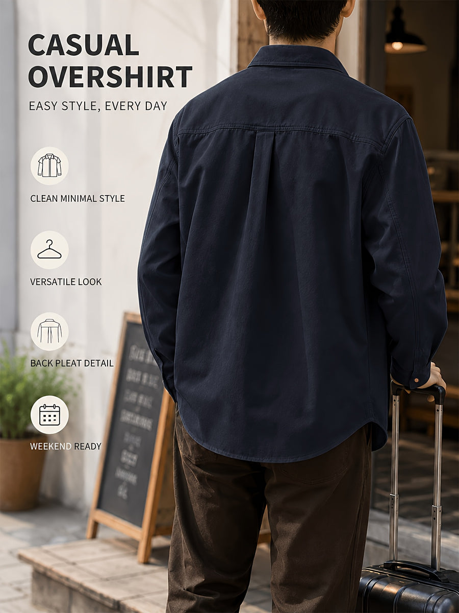Men's Spring/Autumn Casual Long-Sleeve Shirt Jacket, Made with Skin-friendly Fabric That Is Comfortable and Breathable. Features a Classic Lapel Collar for a Neat and Structured Look, with a Chest Patch Pocket That Combines Storage with a Premium - Deep Blue