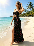 2026 Spring/Summer Women's Sexy Small Floral Print Spaghetti Strap Bodycon Dress with Front Slit for Easter Beach Vacation, Women's Summer Outfit - Black+Red