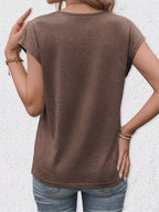 New Summer Women's V-Neck Fake Button Covered Sleeve T-Shirt, Solid Color Casual Top, Machine Washable - Suitable for Daily and Home Wear - Coffee Color