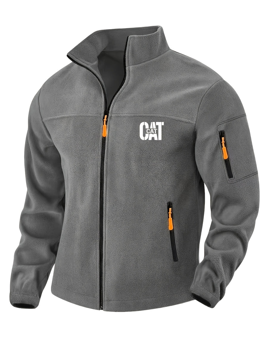 Men'S Autumn Winter New Fleece Lined Stand Collar Zipper Jacket, CAT Letter Print Long Sleeve Jacket, Multi-Pocket Design Casual Commute Trendy Top - Dark Gray 1