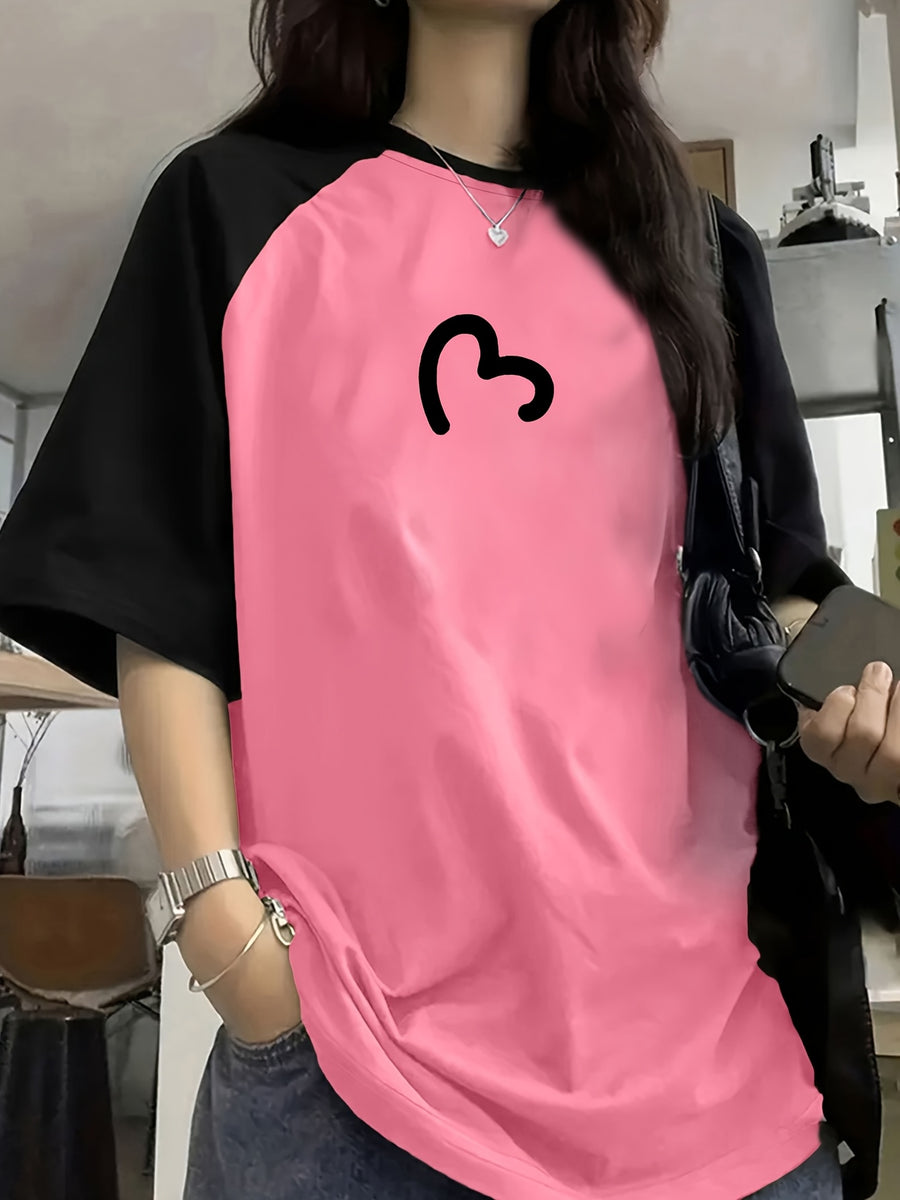 Women's Summer Fashion Loose-Fitting Pullover Short-Sleeve T-Shirt with Contrast Color Raglan Sleeves and Heart Print - Pink