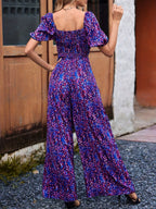 All-Over Print Ruffled Detail, Fluffy Sleeve Wide-Leg Jumpsuit - Mixed colors