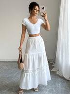 YY260201136 Women's Casual A-Line Dress with French-Style Lace Hem, Drawstring Waist, White Long Dress for Summer Vacation - White