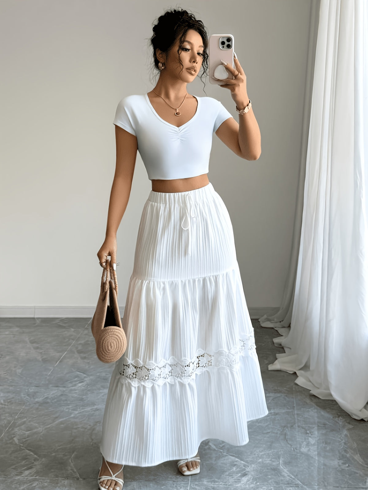 YY260201136 Women's Casual A-Line Dress with French-Style Lace Hem, Drawstring Waist, White Long Dress for Summer Vacation - White