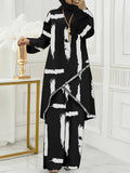 Women'S Elegant Shirt Wide-Leg Pants Set, with Beaded Necklace, Long-Sleeved Design, Loose Trouser Legs, Suitable for Formal Occasions, Suitable for All 4 Seasons, Formal Wear, Elegant Abaya, Fiber Fabric - Black Strips