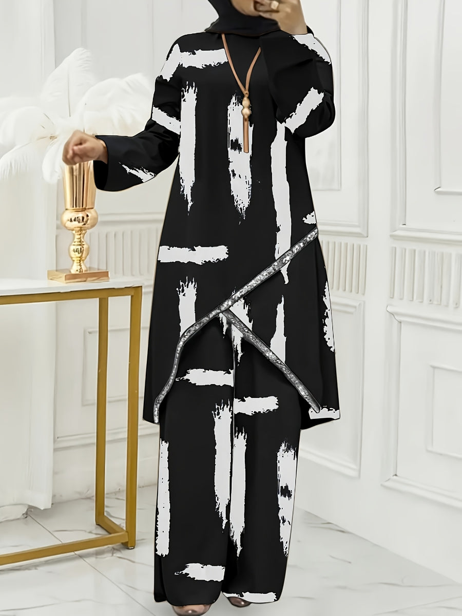Women'S Elegant Shirt Wide-Leg Pants Set, with Beaded Necklace, Long-Sleeved Design, Loose Trouser Legs, Suitable for Formal Occasions, Suitable for All 4 Seasons, Formal Wear, Elegant Abaya, Fiber Fabric - Black Strips