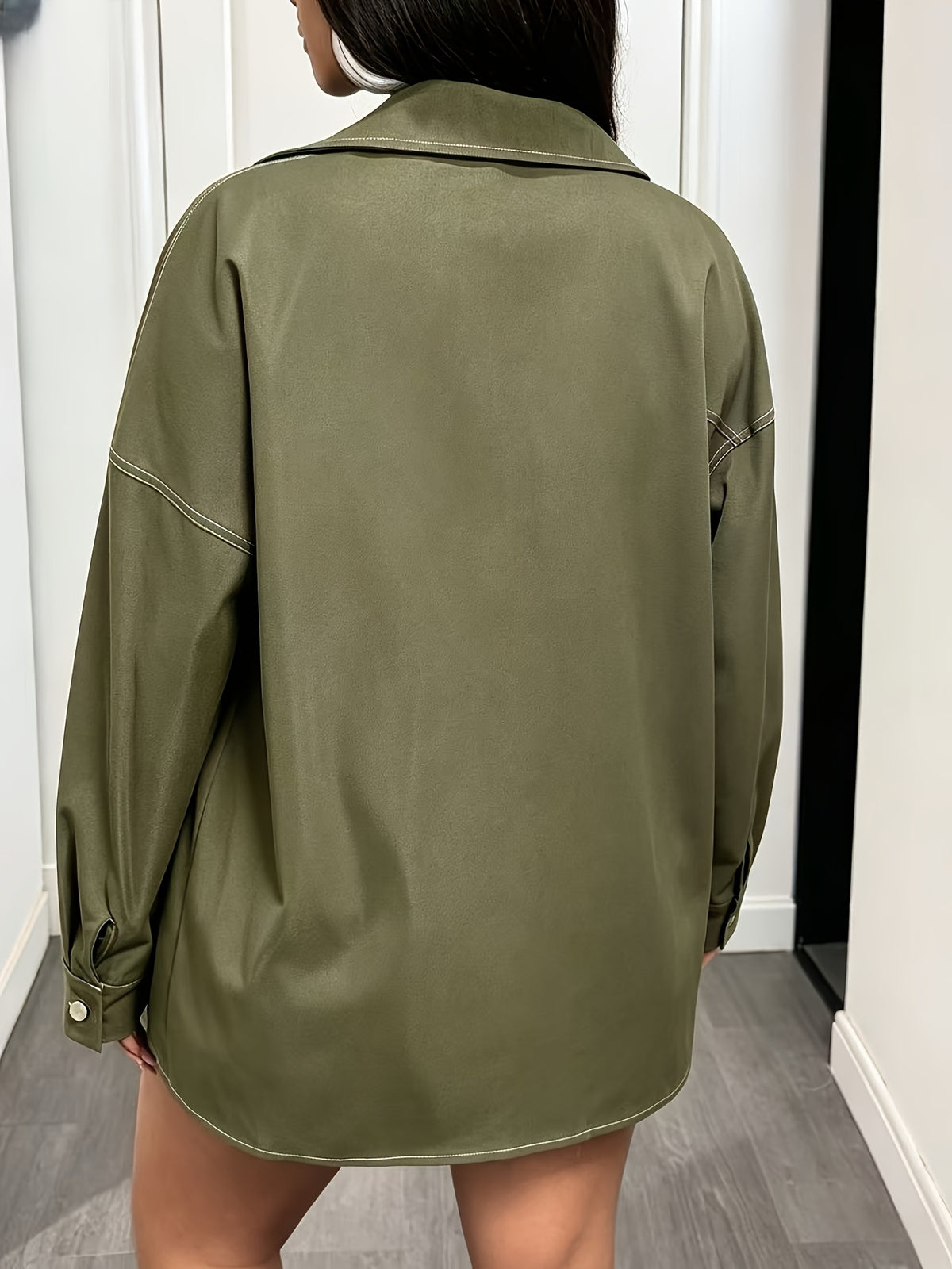 Plus Size, Oversize Women Coat Olive Green Utility Jacket with Contrast Stitching and Pocket Casual Button Shacket Streetwear Fashion Plus Size Mutiple Pockets Womens Jacket for Daily Wear - Olive Green