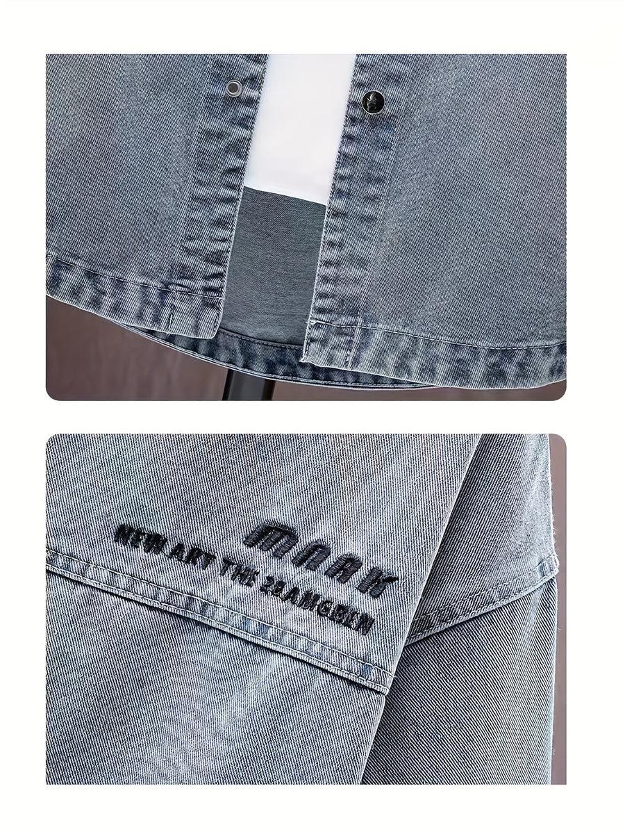 Men's Casual Denim Shirt, Solid Color Long Sleeve Button- Denim Top, Casual Party Style Jacket, Classic Washed Denim Shirt - Peacock Blue