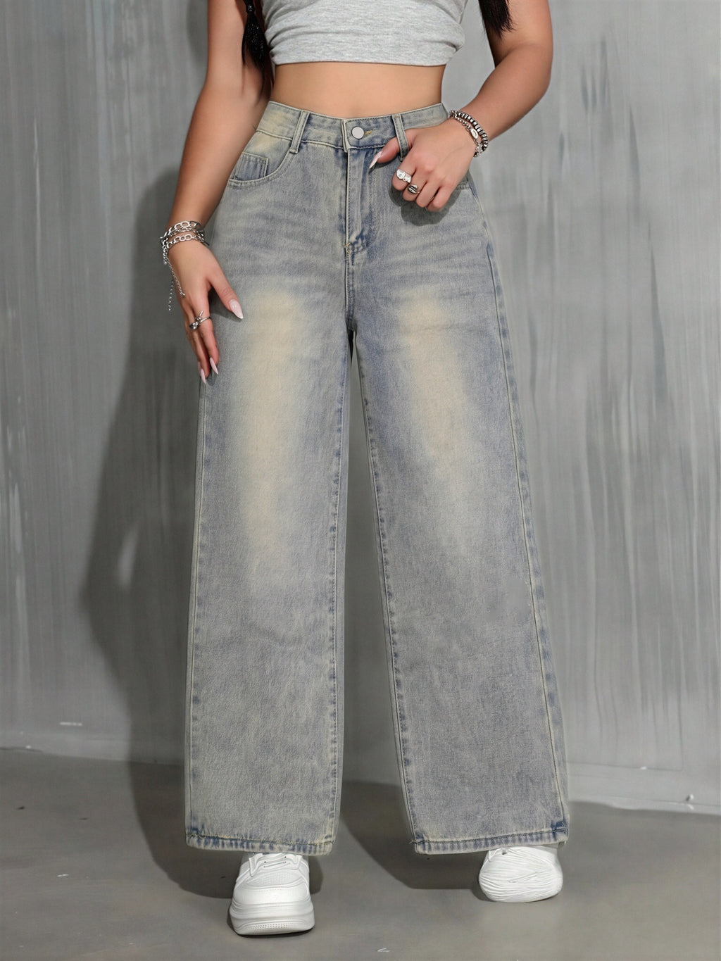 Women'S High-Waist Wide-Leg Retro Nostalgic Washed Blue Casual Loose Jeans with Pockets - 9933HJL - Azure