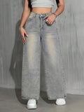 Women'S High-Waist Wide-Leg Retro Nostalgic Washed Blue Casual Loose Jeans with Pockets - 9933HJL - Azure
