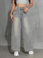 Women'S High-Waist Wide-Leg Retro Nostalgic Washed Blue Casual Loose Jeans with Pockets - 9933HJL - Azure