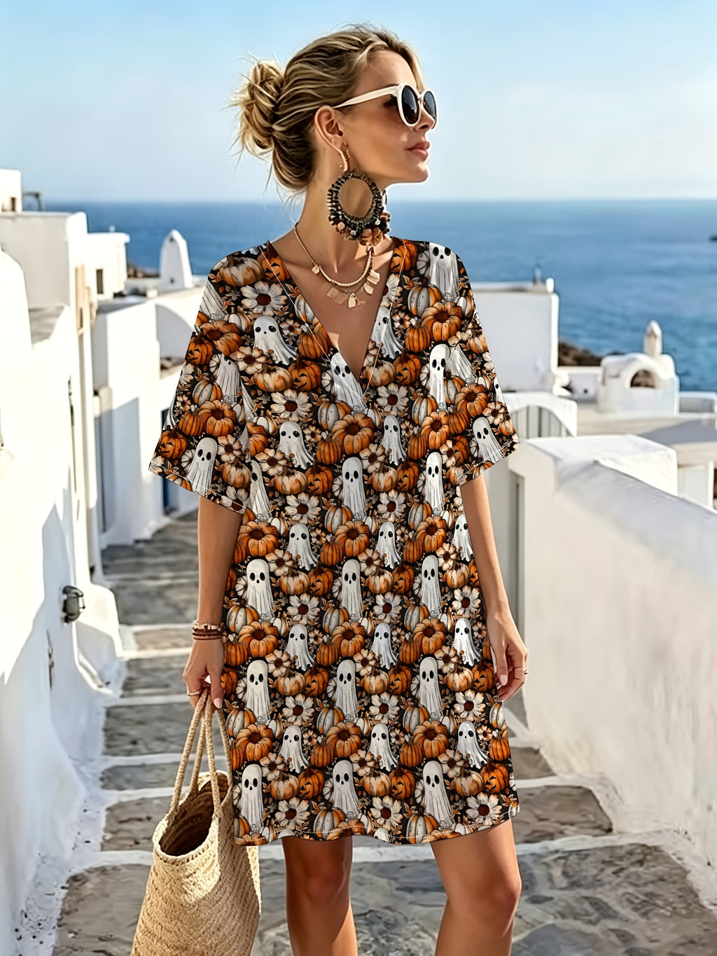 V-neck Loose-fit Straight-cut Short Dress with Vintage Pumpkin Floral Pattern, Relaxed Tailoring, Drapey and Breathable Fabric, Perfect for Creating a Halloween Vibe. Ideal for Outings, Parties, and Photo Shoots. Flattering and Figure-flattering - Mixed colors
