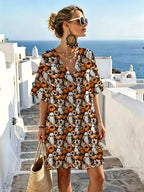 V-neck Loose-fit Straight-cut Short Dress with Vintage Pumpkin Floral Pattern, Relaxed Tailoring, Drapey and Breathable Fabric, Perfect for Creating a Halloween Vibe. Ideal for Outings, Parties, and Photo Shoots. Flattering and Figure-flattering - Mixed colors