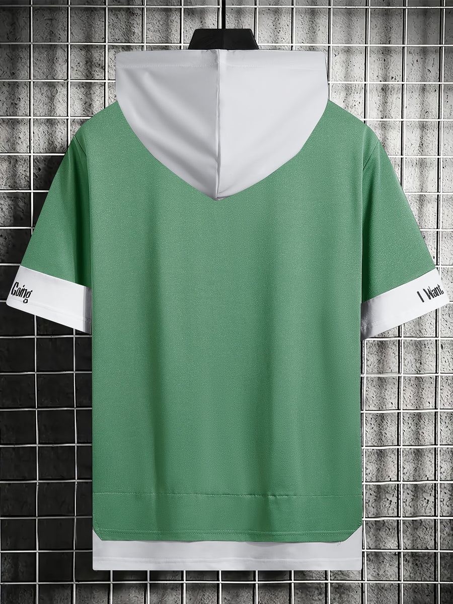 Men'S Color-Block Contrast Hooded Short Sleeve T-Shirt, English Letter Print, Short Sleeve Faux Two-Piece Streetwear, Trendy Fashion Versatile Street Casual Hong Kong Style Outfit, Casual Leisure All-Match T-Shirt, Suitable for Summer - Light Green