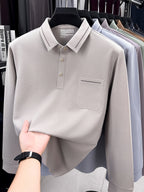 Autumn New Arrival Men's Fashion Long-Sleeve Polo Shirt, Versatile Casual Button- Lapel Seamless Men's Long-Sleeve Top, Suitable for Business Casual Outings, Dates, and Walks, an Essential Top for Casual Attire - Apricot