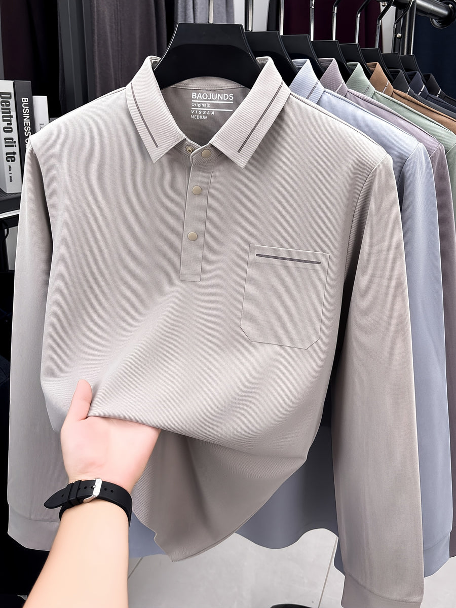 Autumn New Arrival Men's Fashion Long-Sleeve Polo Shirt, Versatile Casual Button- Lapel Seamless Men's Long-Sleeve Top, Suitable for Business Casual Outings, Dates, and Walks, an Essential Top for Casual Attire - Apricot