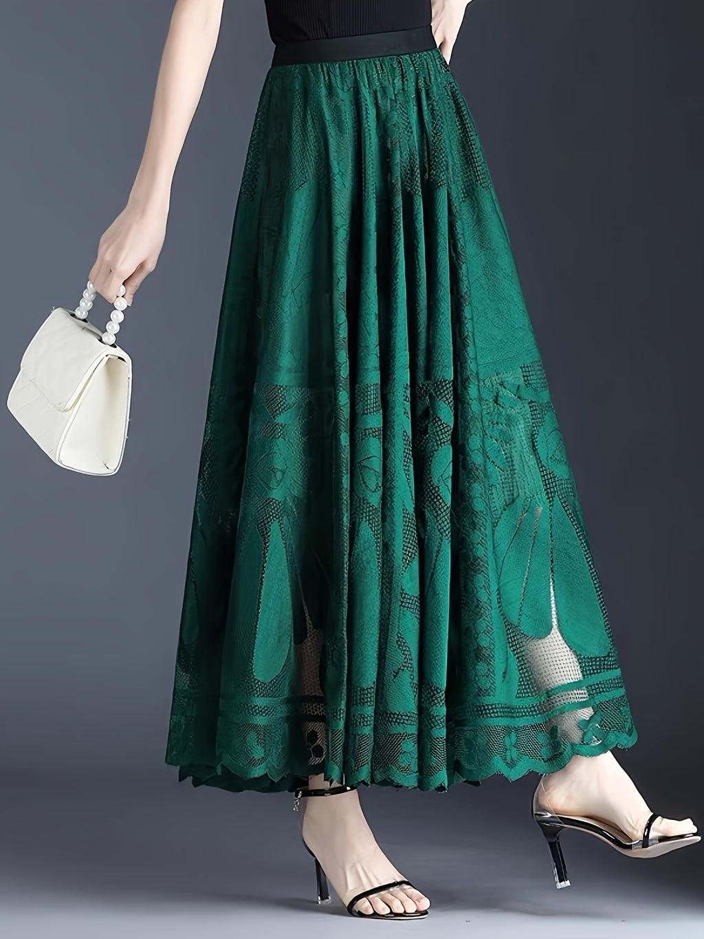 Elegant Women's A-Line Lace Skirt - Long Pleated Design with Intricate Floral Patterns, Lightweight Polyester, Ideal for Spring/Summer/Fall Events, Spring Summer Fashion|Aline Skirt|Polyester Fabric - Dark Green