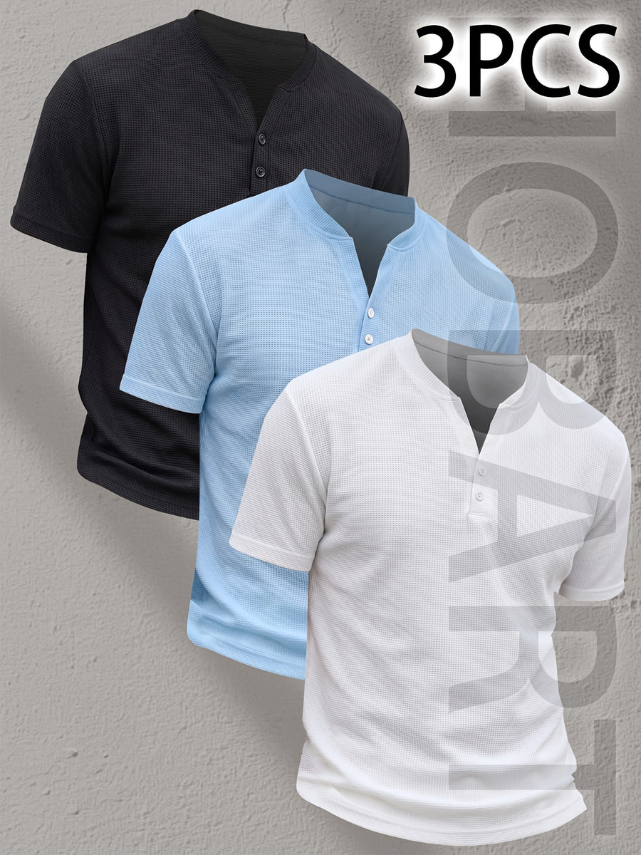 3pcs Men'S Henley Short Sleeve T-Shirts - Breathable Waffle Knit Summer Casual Tees with Button Front, Solid Color Round Neck, Machine Washable for Outdoor & Casual Wear, Stylish Button Detail, Lightweight Fabric, Easycare Material - Type 1