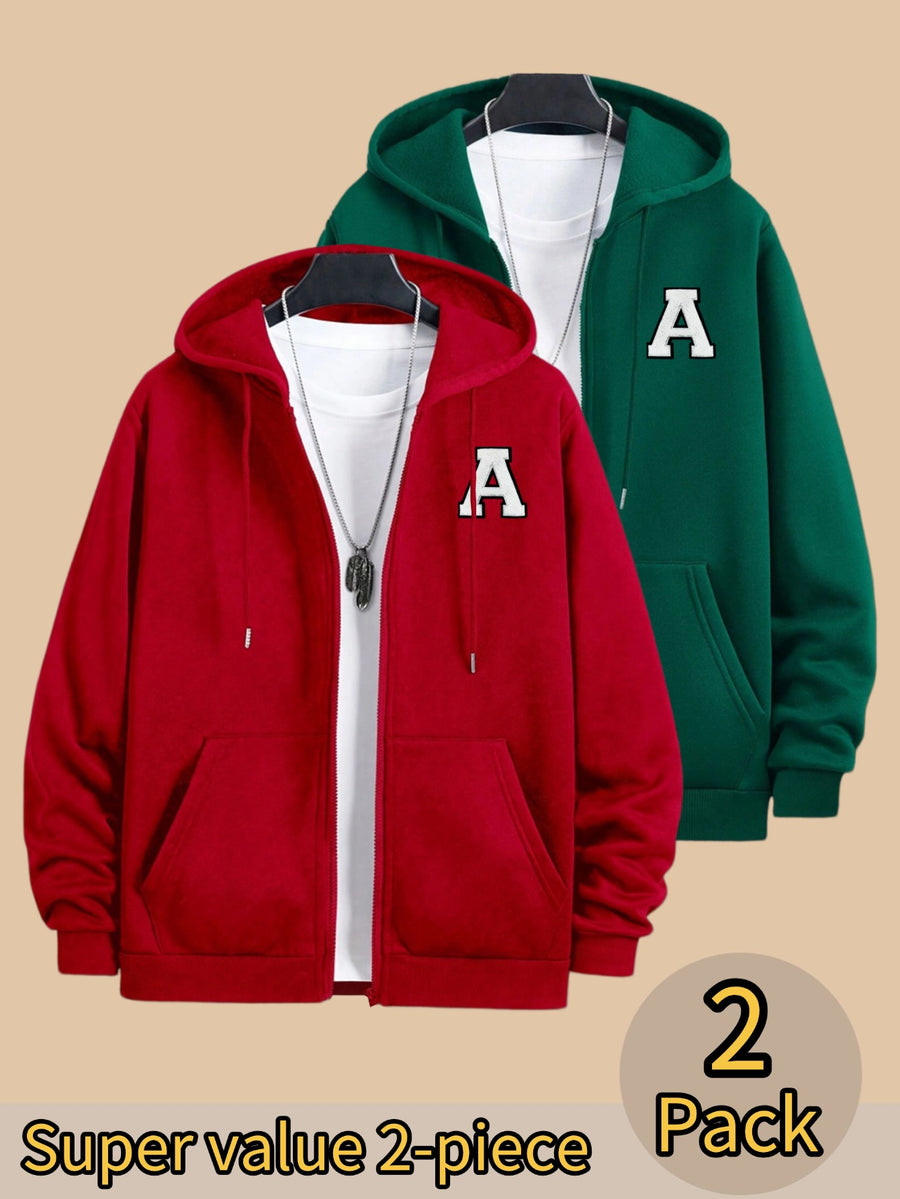 50%, 50%, 2pcs Men'S Patchwork Warm Fleece Zip-Up Hooded Sweatshirt, Men'S Clothing, Long Sleeve Fleece Jacket, Zip-Up Top, Hooded Sweatshirt, Pockets, Drawstring, Suitable for Outdoor, Casual, Back-To-School Season, Gift for Boyfriend - Red+Green