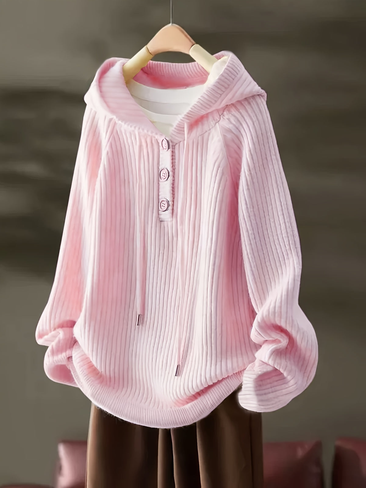 Autumn Winter Women'S Fashion Ribbed Cloud Plush Casual Hoodie - Pink Color