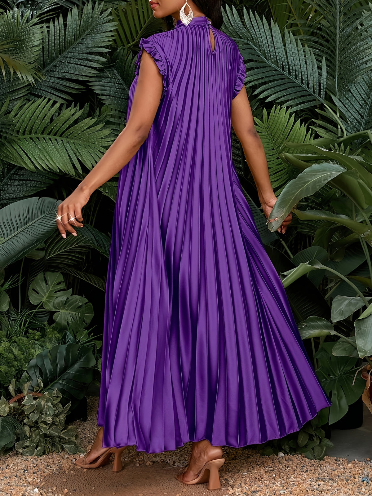 Satin Pleated Flutter Sleeve Long Women's Dress, Bridesmaid Dress, Loose Fit, Casual, Vacation, Elegant, Party, All Seasons, Birthday, Event Gown, Office Dress, Spring/Summer Dress - Deep Purple