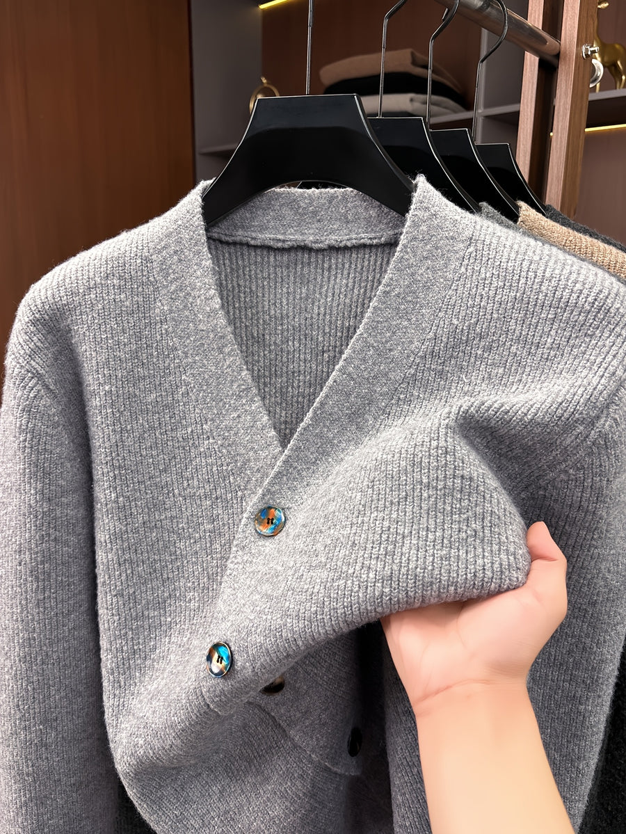 Men's V-neck Knitted Cardigan, Autumn/Winter Loose Fit Thickened Solid Color Simple Casual Sweater Outerwear Top - Medium Gray