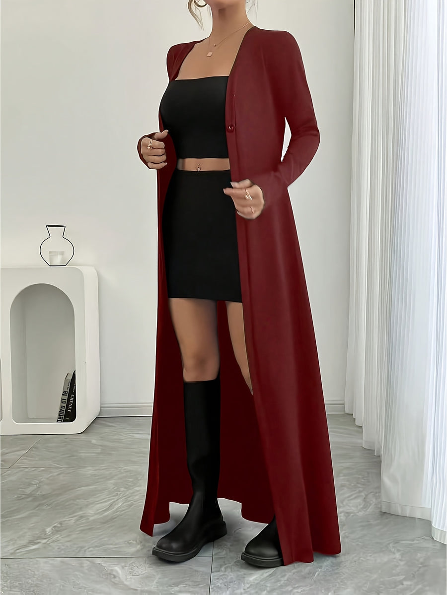 New Spring/Autumn Women's European and American Style Daily Solid Color Long Button-Up Cardigan, Long Sleeve, Slim Fit, Casual Commuter Outerwear - Burgundy