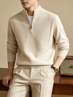 Du Jing Lan OBM Spring/Autumn New Arrival Men's Knitted Pullover, Old Money Style Solid Color Half-Open Placket Stand Collar Long Sleeve Knitted Pullover, Men's Business Casual Fashion Ribbed Sweater, Suitable for Layering or Wearing as an Inner - Beige Color