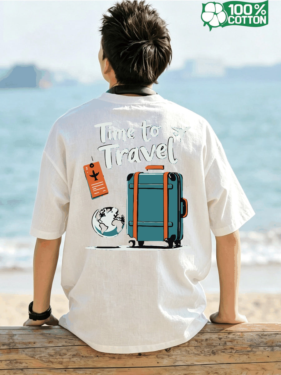 Short Sleeve T-Shirt Top, Crew Neck, Pure Cotton, Crew Neck, Popular Summer Travel Time, Suitcase, Globe, Luggage Tag Illustration Design, Versatile Style, Holiday, Breathable Pattern Print, New Summer Fabric, Comfortable for Daily Outings - White