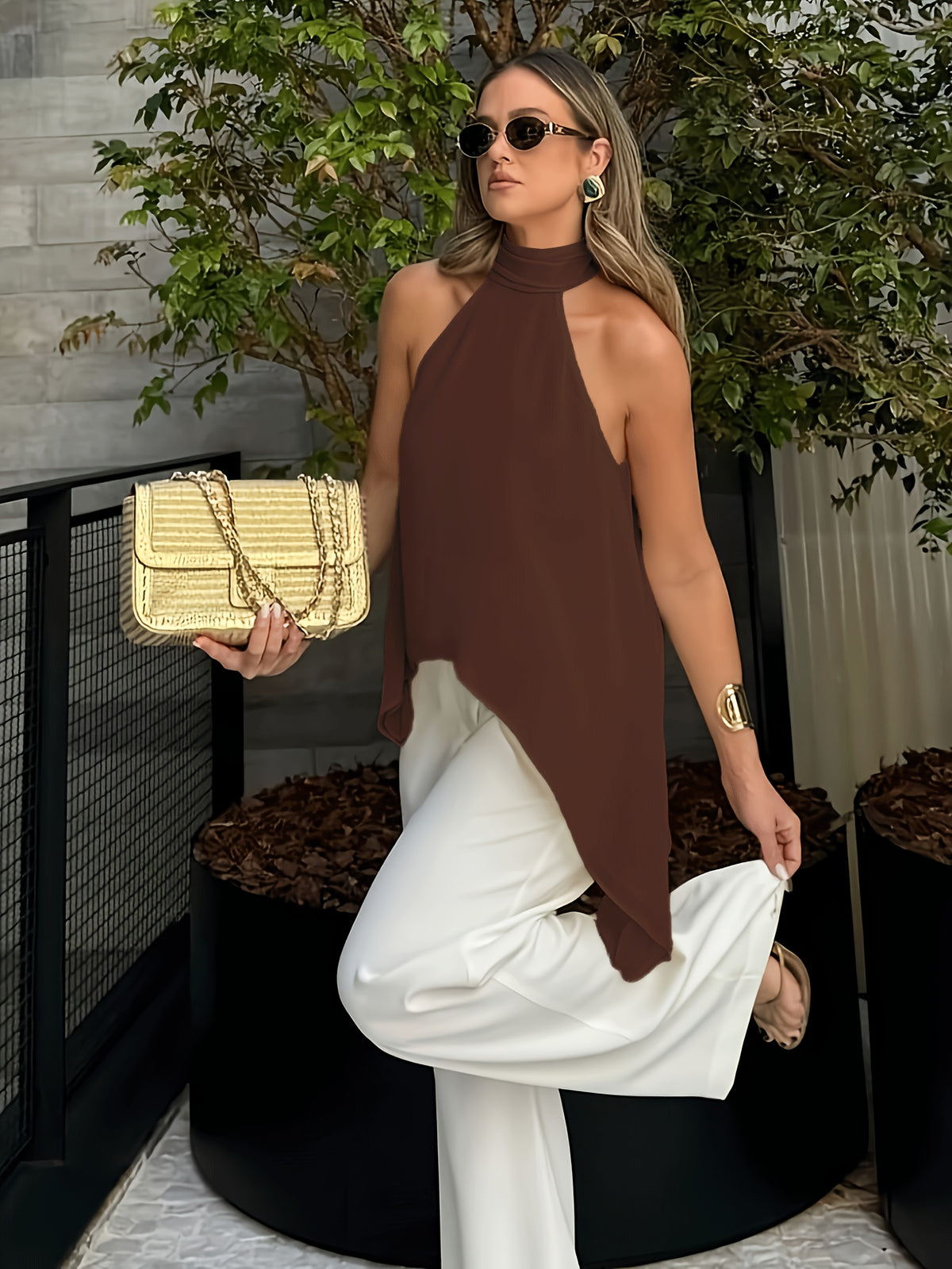 Sexy Halter Back Tank Top New Temperament Ribbon Design Aesthetic Back Satin Sleeveless Top - Dark Brown