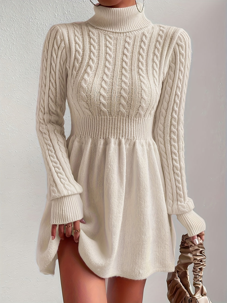 High-Neck Pink Mini Sweater Dress A-Line Dress Christmas Sweater Dress for Women - Apricot
