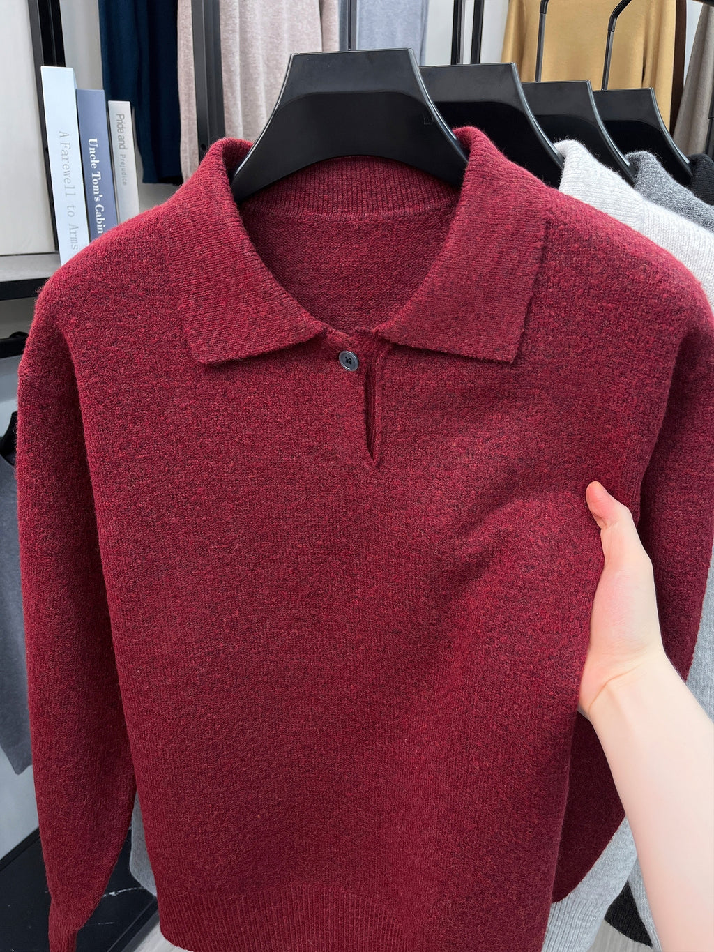 Single-piece Mature Business Men's Polo Shirt, Men's Polo Collar Knit Top, Half-Button Placket Design, Fine and Soft Knitted Texture, Ribbed Cuffs and Hem, Simple Commuting Vintage Style, Suitable for Spring, Autumn, and Winter Wear - Burgundy