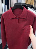 Single-piece Mature Business Men's Polo Shirt, Men's Polo Collar Knit Top, Half-Button Placket Design, Fine and Soft Knitted Texture, Ribbed Cuffs and Hem, Simple Commuting Vintage Style, Suitable for Spring, Autumn, and Winter Wear - Burgundy
